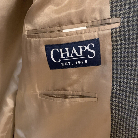 Chaps Men’s Blazer Sport Coat Brown Beige Houndstooth Size 46R 100% Lambswool - Picture 6 of 6